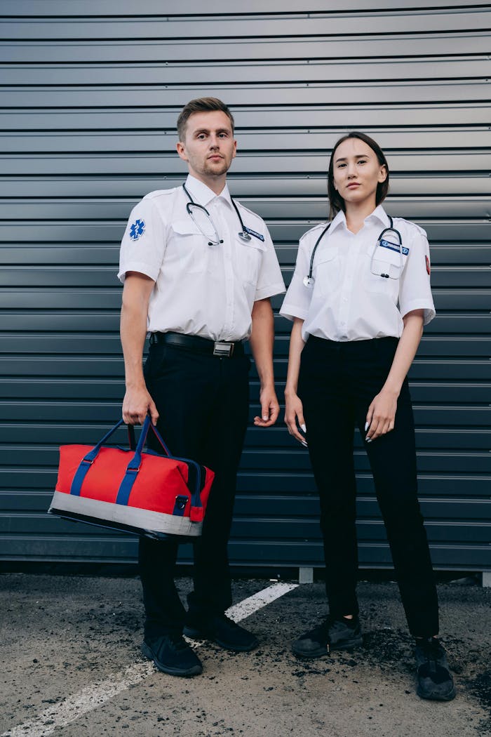 Two paramedics in uniforms stand outdoors holding a medical bag.